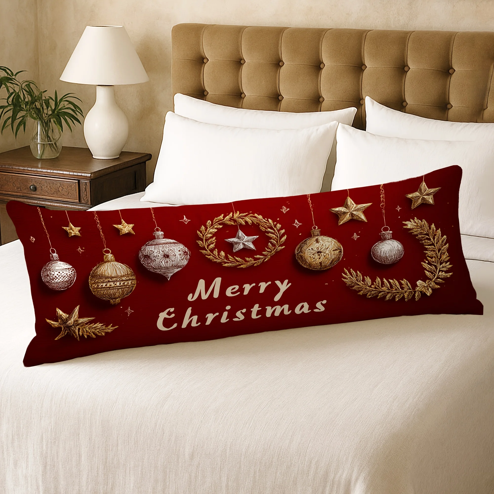 1pc Body Pillow Cover Christmas Decoration Wreath Stars Balls Leaves Red 20*54 Inches Suitable for Living Room Bedroom Sofa Bed
