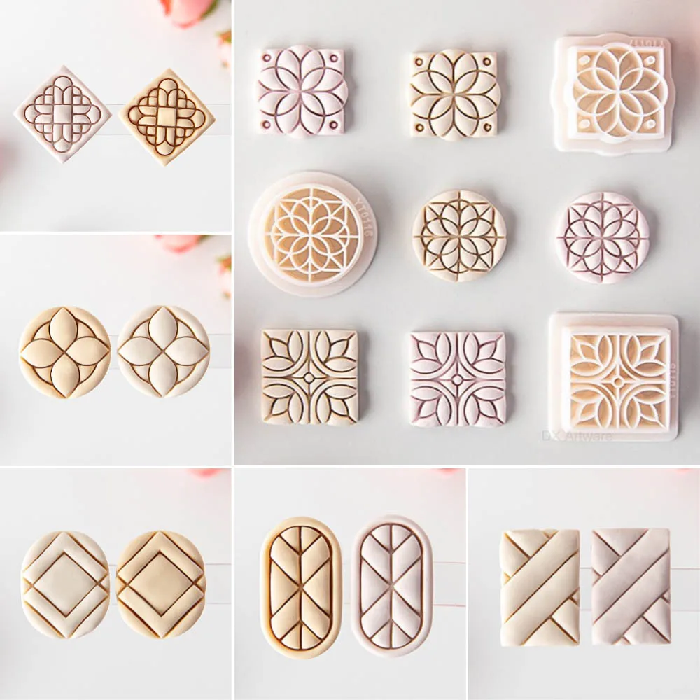 New Geometric Shape Hot Flower Tile Pattern Polymer Clay Cutters Embossing Clay Earring Cutter Mold Jewelry Making Clay Tools