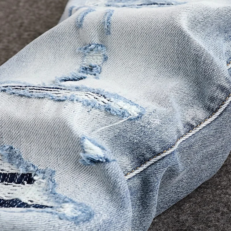 newy2k jeans with pleats, slim fit, elastic water wash,y2k nostalgic perforated patch, light blue jeans, hip-hop brand pan