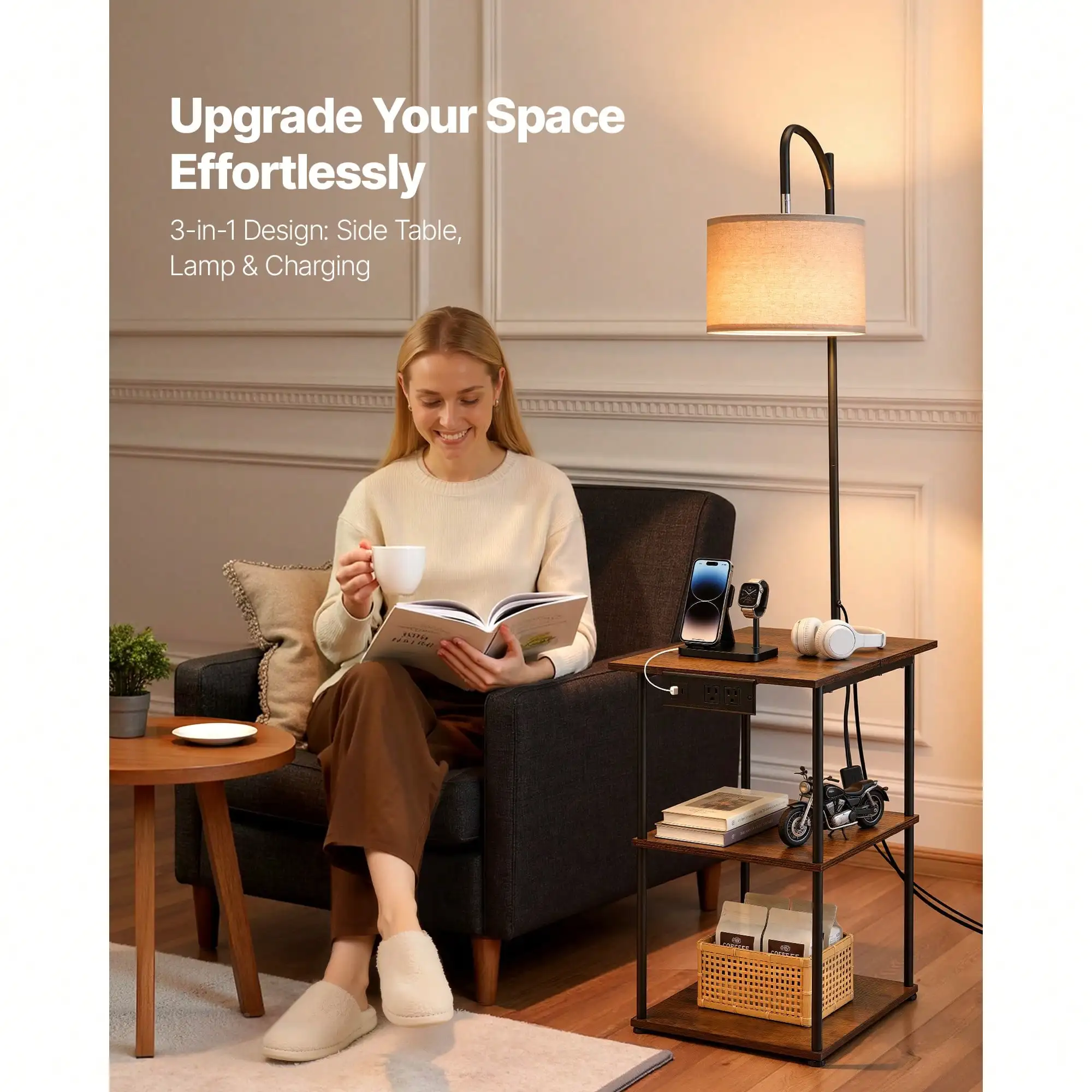 Floor Lamp With Table, Narrow 3-Tier End Table With Open Shelves & 3 Color Temperature Lighting, Side Nightstand Bedside Desk With USB & Type C & AC Charging Port For Living Room, Bedroom, Dorm