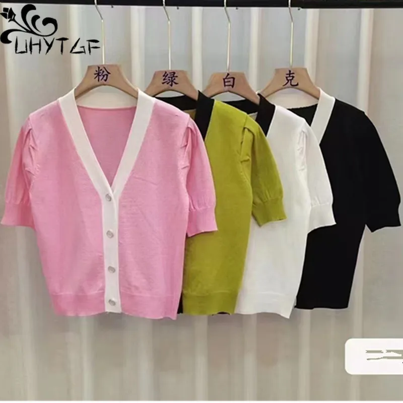 

New Summer Knit Pink Cardigan V Neck Long Sleeve Single Breast Pull Femme Hit Color Patchwork Sweater for Women Sueter Tops 3066