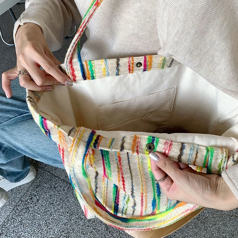 JIOMAY Handbags for Women 2024 Designer Beach Bag Casual with Buckle Cute Tote Bags Stripes Shopper Rainbow Canvas Shoulder Bag