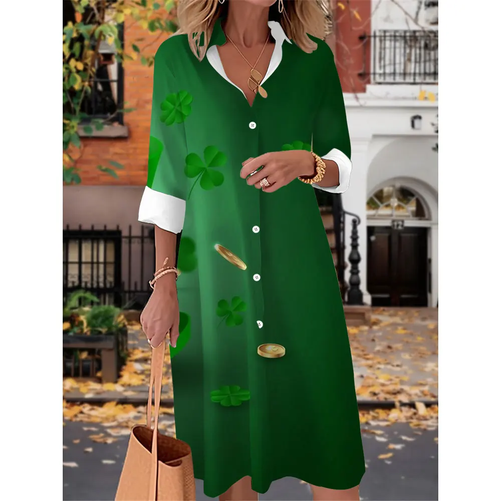 Fashion Maxi Dresses Vestidos 3D Clover Printed Summer Shirt Dress Women Button Long Dress Boho Beach Casual Party Pocket Dress