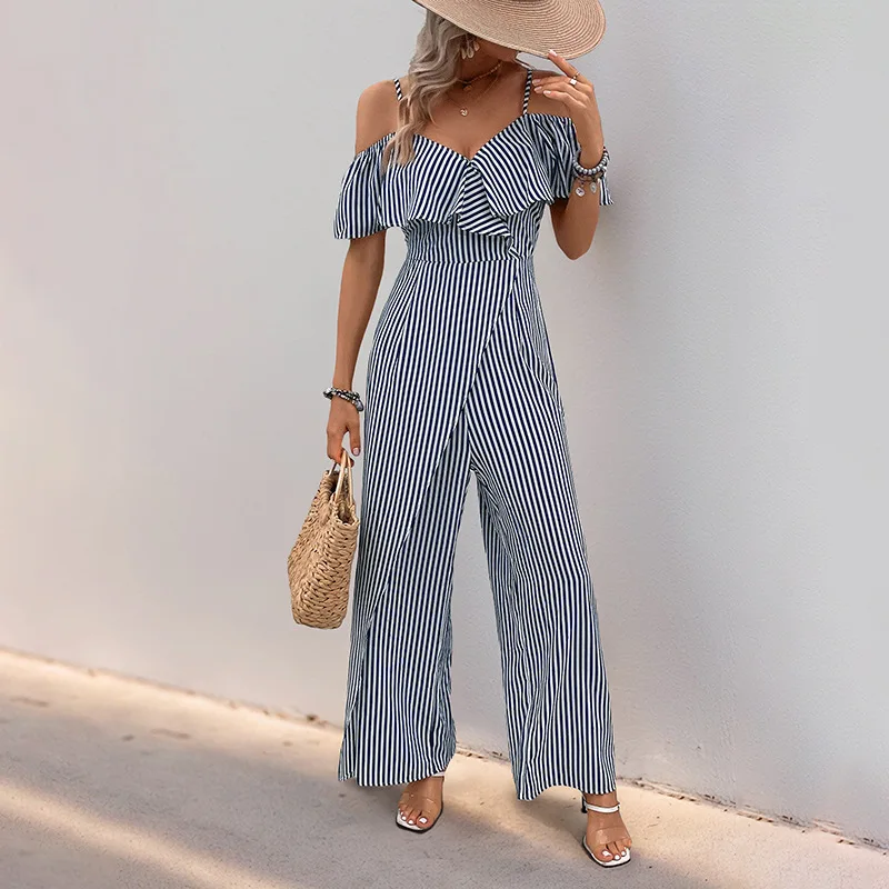Tuta con bretelle sexy a righe con volant alla moda Pagliaccetti da donna Tute casual eleganti da donna slim a gamba larga