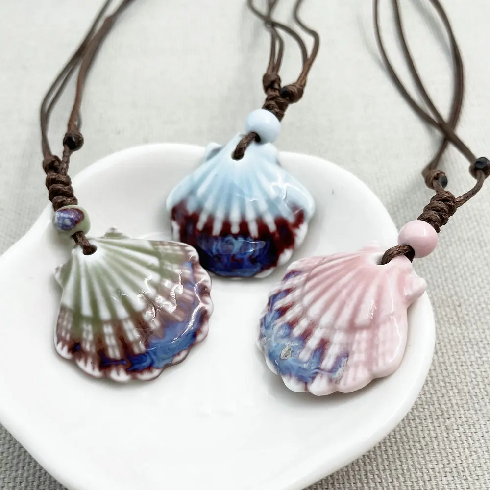 A002 Fashion Jewelry Retro Ceramic Beads Shell Pendant Long Necklace Fashion Women Chains Necklace Jewelry High Quality