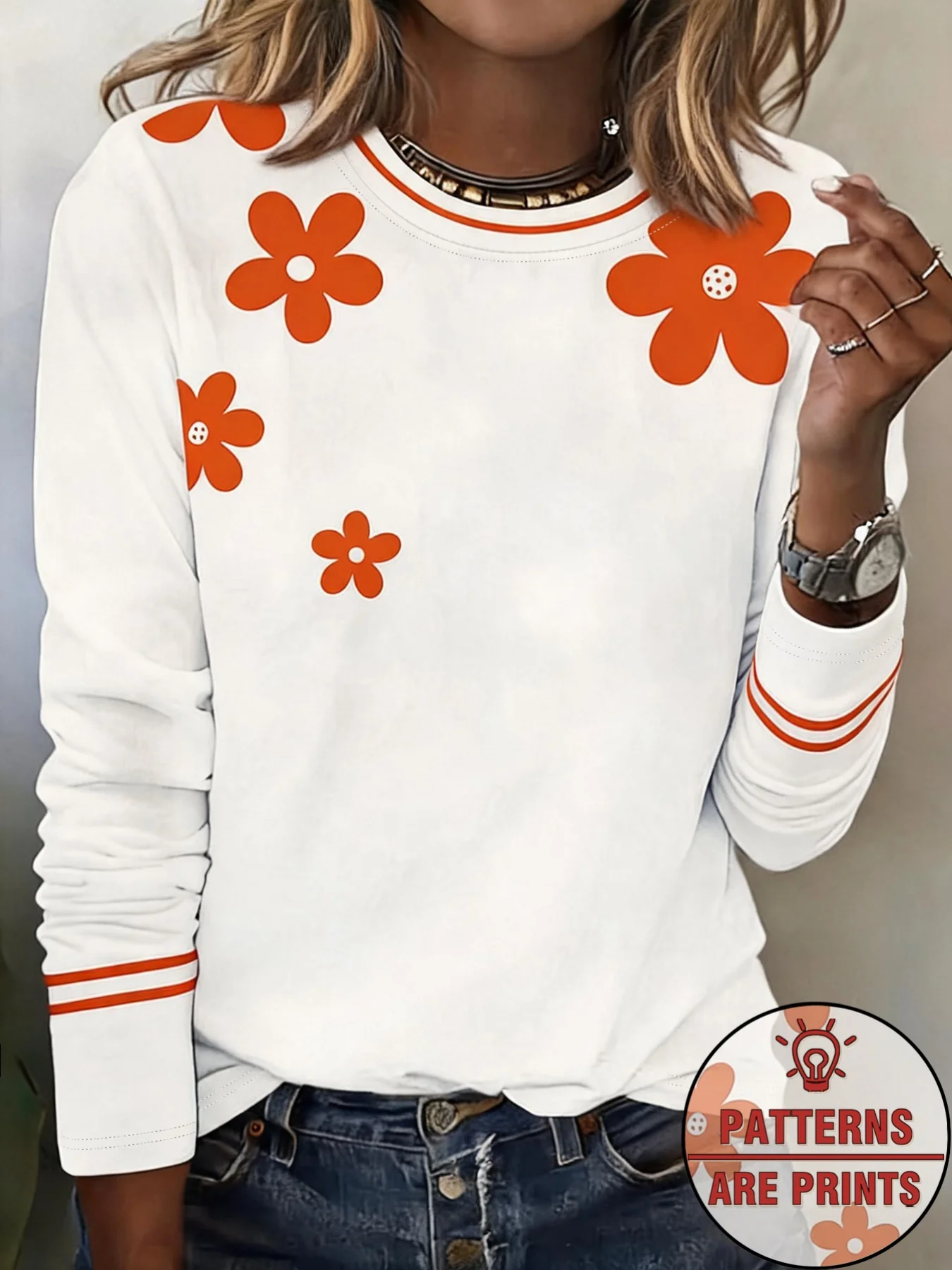 Haut à manches longues pour femmes, motif floral de marguerites orange, col rond, cadeau pour la fête d'automne, vêtement décontracté pour tous les jours, vêtements pour femmes.