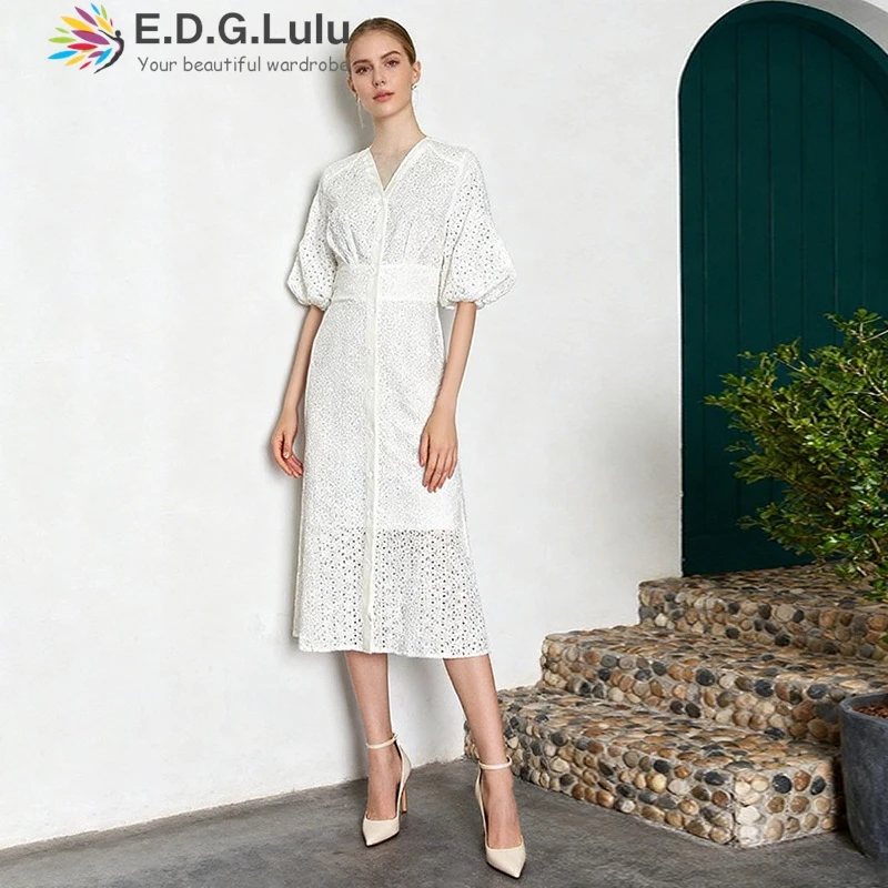 EDGLuLu V-Neck Lantern Sleeves White Dresses For Woman Single Breasted Lace Embroidered Floral Long Dresses Leisure Vacation0930