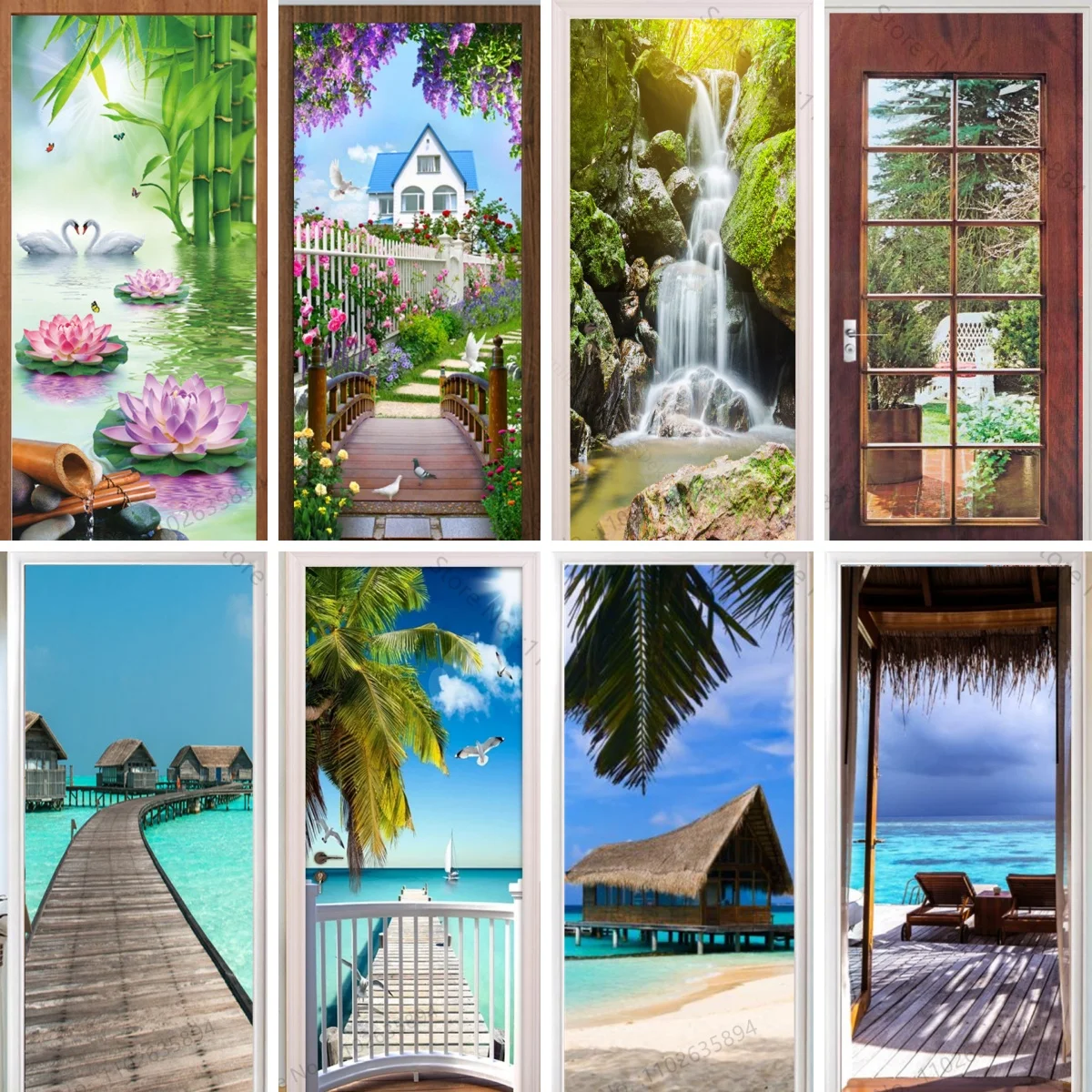 

Natural Scenery Beach Waterfall Waterproof Adhesive Wallpaper Doors Sticker for Full Door Cover Decals Home Cabinets Decoration