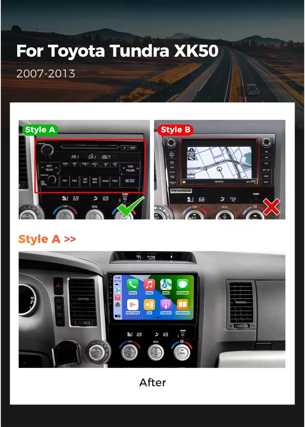 Android 16 CarPlay&Auto For Toyota Tundra XK50 2007 - 2013 Sequoia XK60 2008 - 2017 Car Radio Stereo GPS Navigation Multimedia