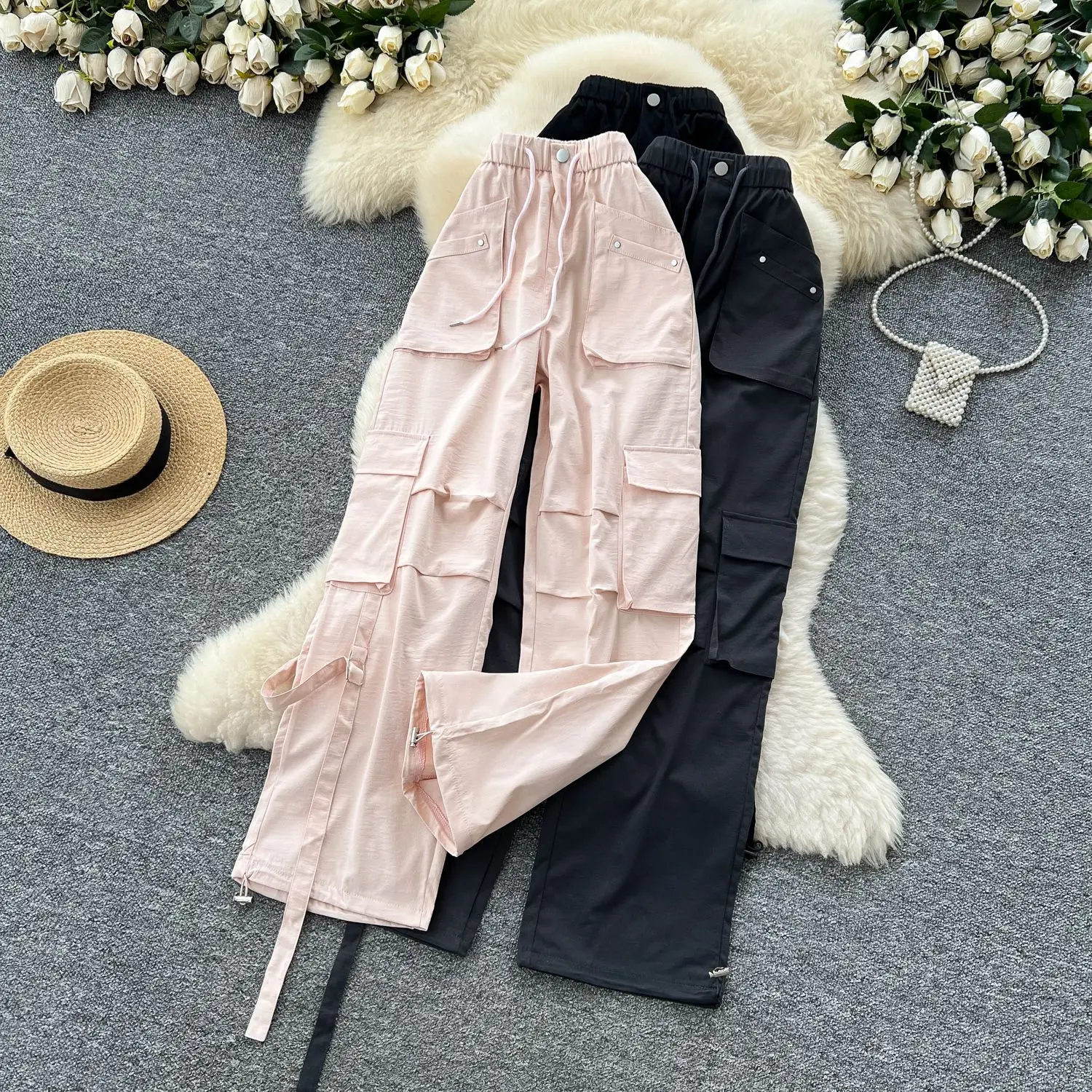 

Cargo Pant Women Wide Leg Long Pants Lace Up High Waist Straight Trousers Y2k Streetwear Elegant Splice Work Casual 2025 Summer