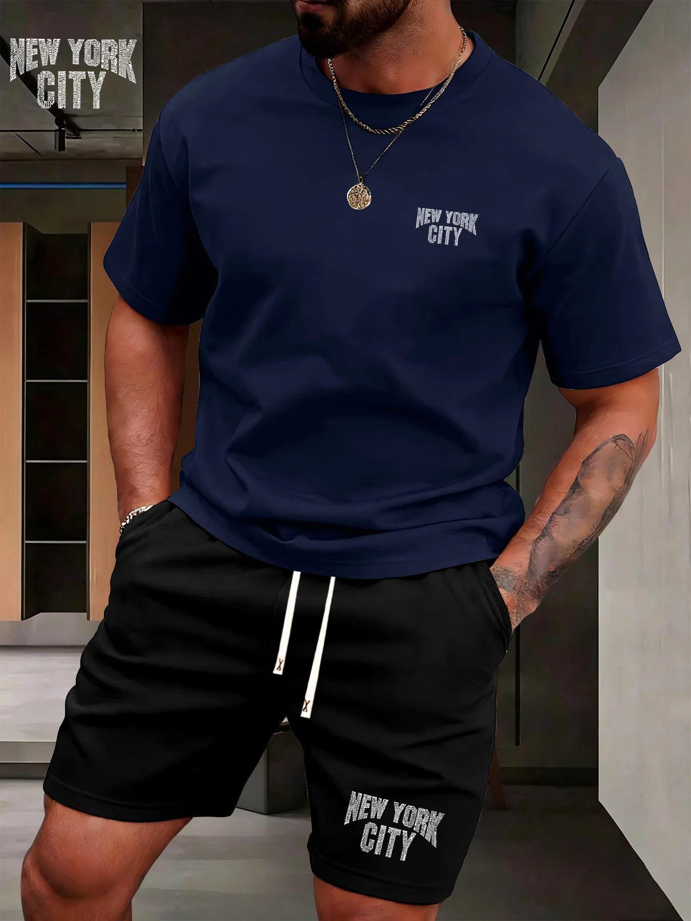 

2026 Summer Vacation Men's T-Shirt Shorts 2-Piece Set Casual Plus Size Breathable Short Sleeve Top Drawstring Shorts Suit 6XL