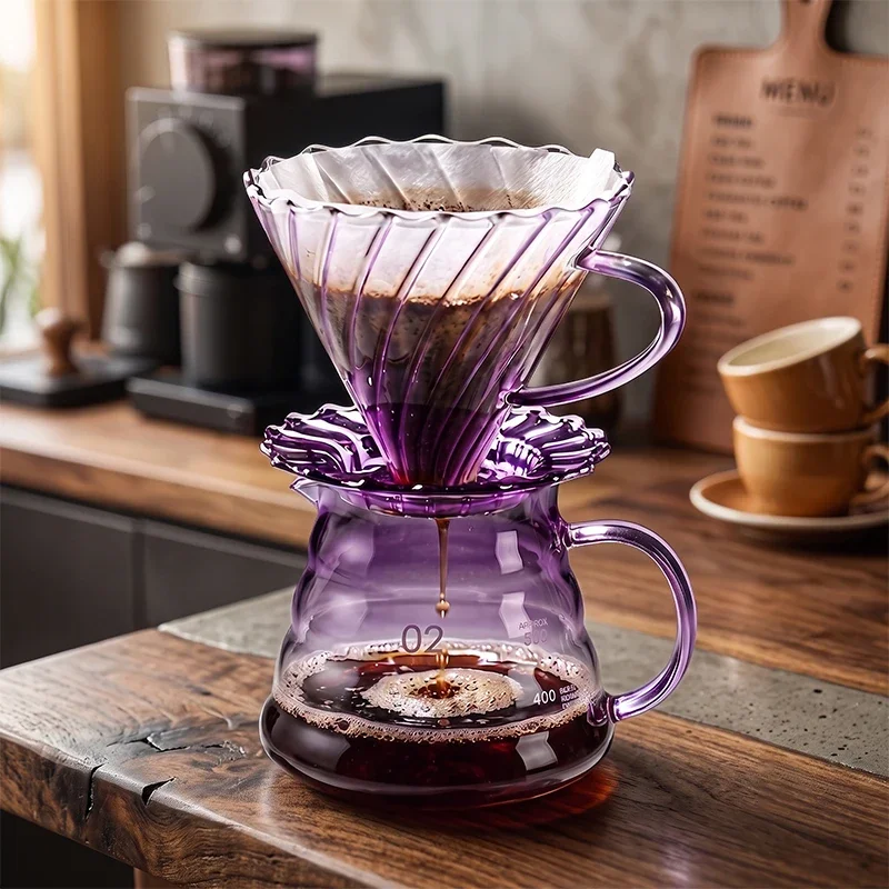 Purple Borosilicate Coffee Brewing Set, Threaded Filter Cup + Cloud Coffee Pot with Lid, Complete Hand Drip Coffee Brewer Kit