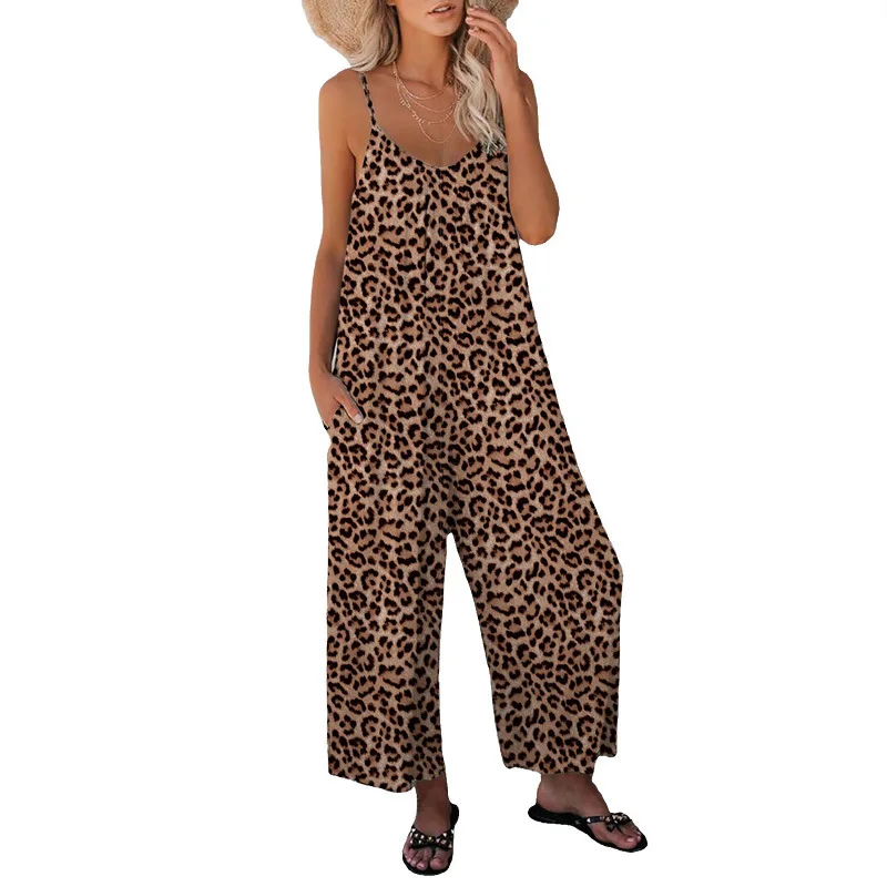 Fashion Leopard Print Spaghetti Strap Women Jumpsuits Sexy High Waist Pockets Lady Female Casual Loose Wide Leg Rompers Overall