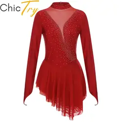 Womens Female Figure Skating Dress Rhinestone Dance Competition Costumes Stage Performance Ballet Gymnastics Workout Tutu Dress