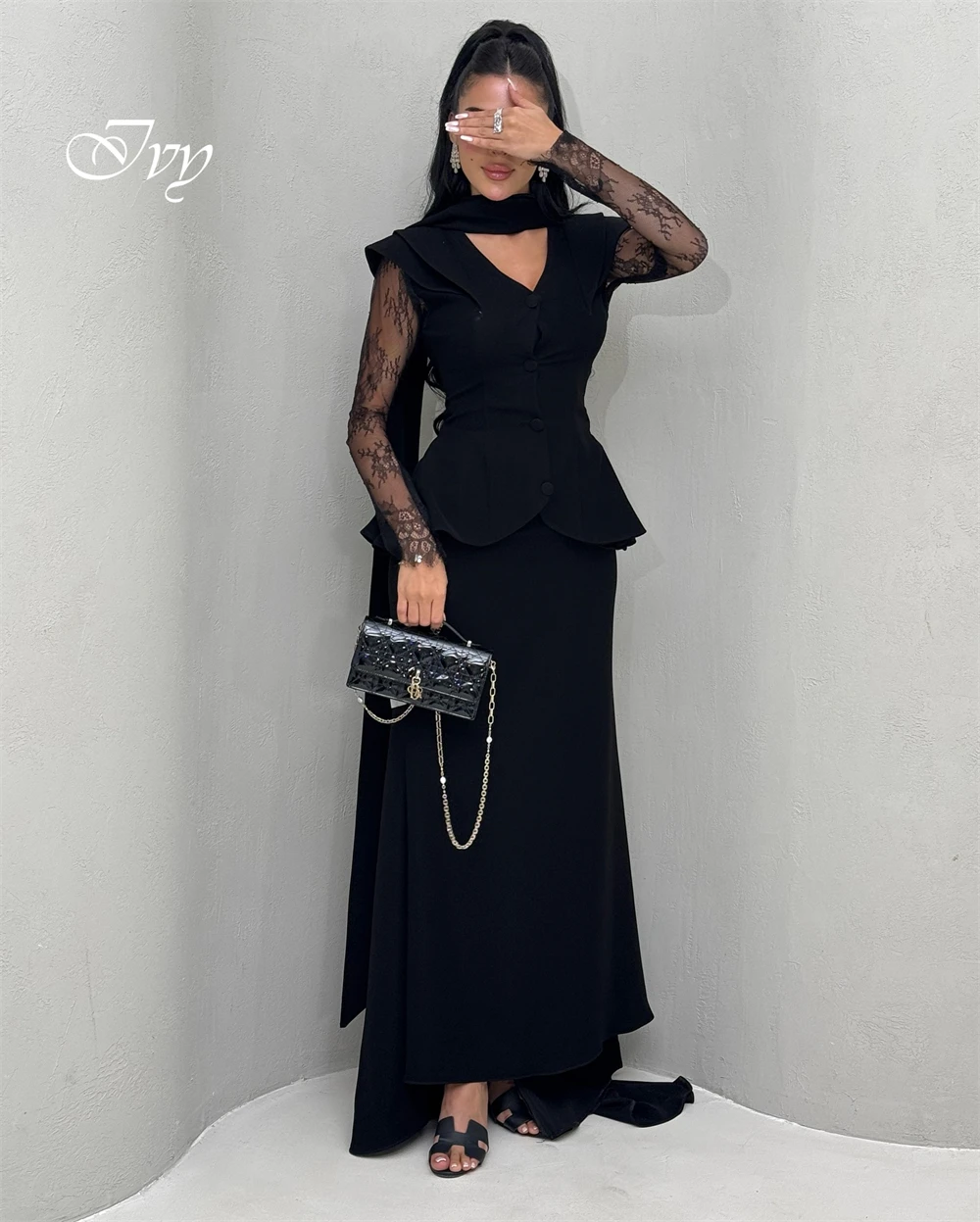 تخصيص رائعة الخامس الرقبة كاب الأكمام الدانتيل طويلة الأكمام عالية الجودة الساتان فساتين حفلة موسيقية حساسة فساتين المناسبات الخاصة