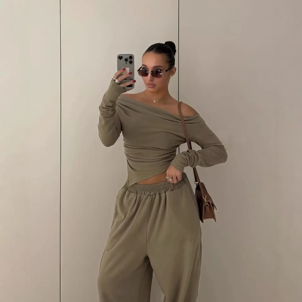One Shoulder Asymmetric Hem Long Tee Top with Straight Leg Pants Matching Set Spring Summer Lounge Suits