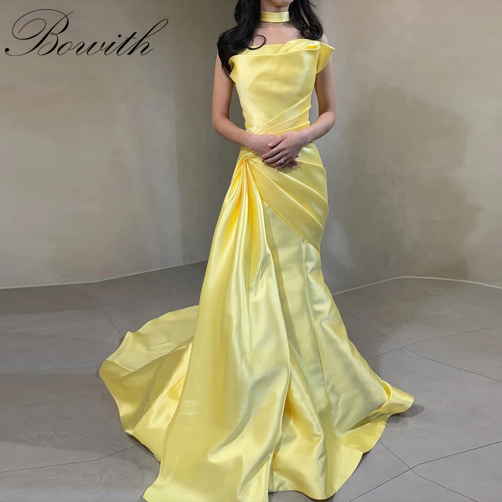 

Bowith Soft Yellow Korean Evening Dresses Strapless Floor-Length Wedding Reception Dresses Customized Party Dresses