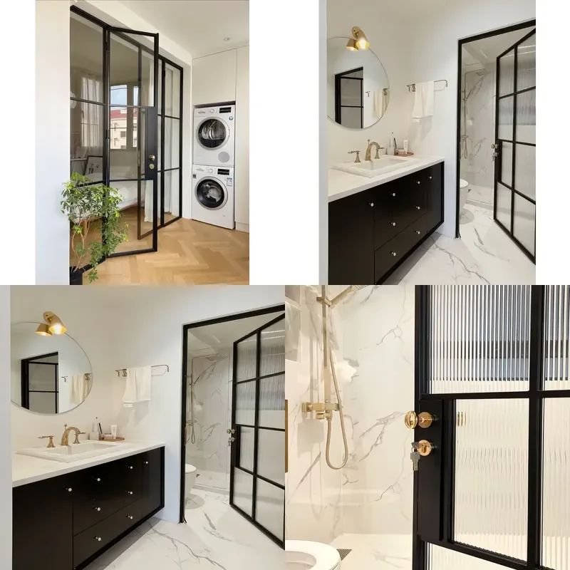 for Black Aluminum Alloy Modern Double Fold Indoor Floor to Ceiling Double Leaf Glass Door Double Layer Tempered Glass Energy