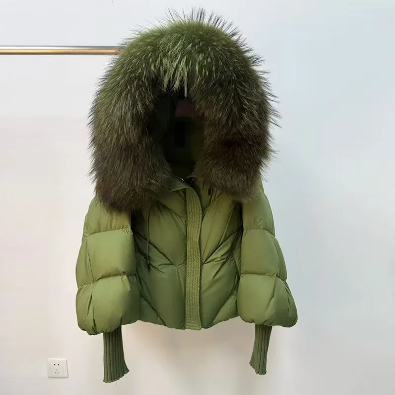 Women's Faux Fur Collar Hooded Down Jacket Stylish, Warm, Oversized, Thickened Knit Sleeve Jacket High Quality, 2025, New Arriva