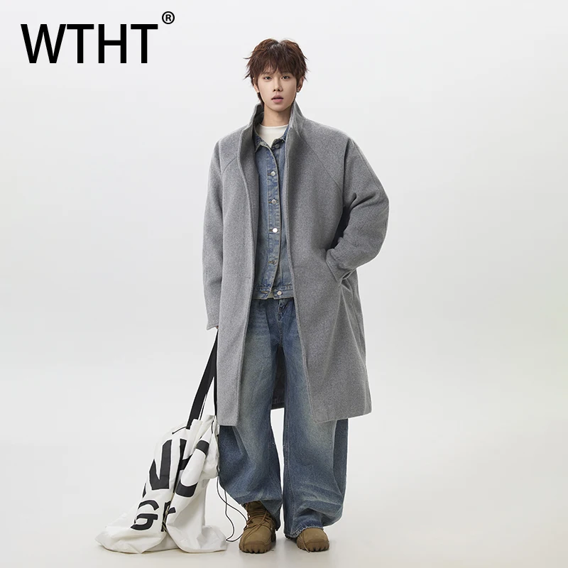 

WTHT Fashion Men's Solid Color Thicken Keep Warm Casual Long Windbreakers Trendy Stand Collar Long Sleeves Overcoats Male 2A2736