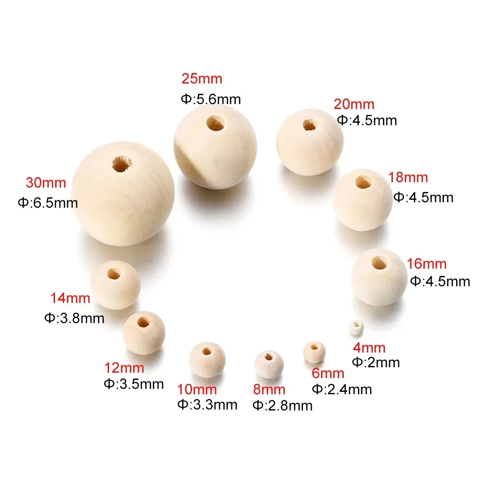 100pcs/lot 4-30mm Natural Wooden Beads Round Loose Spacer Wood Beads For DIY Bracelet Necklace Jewelry Making Accessories