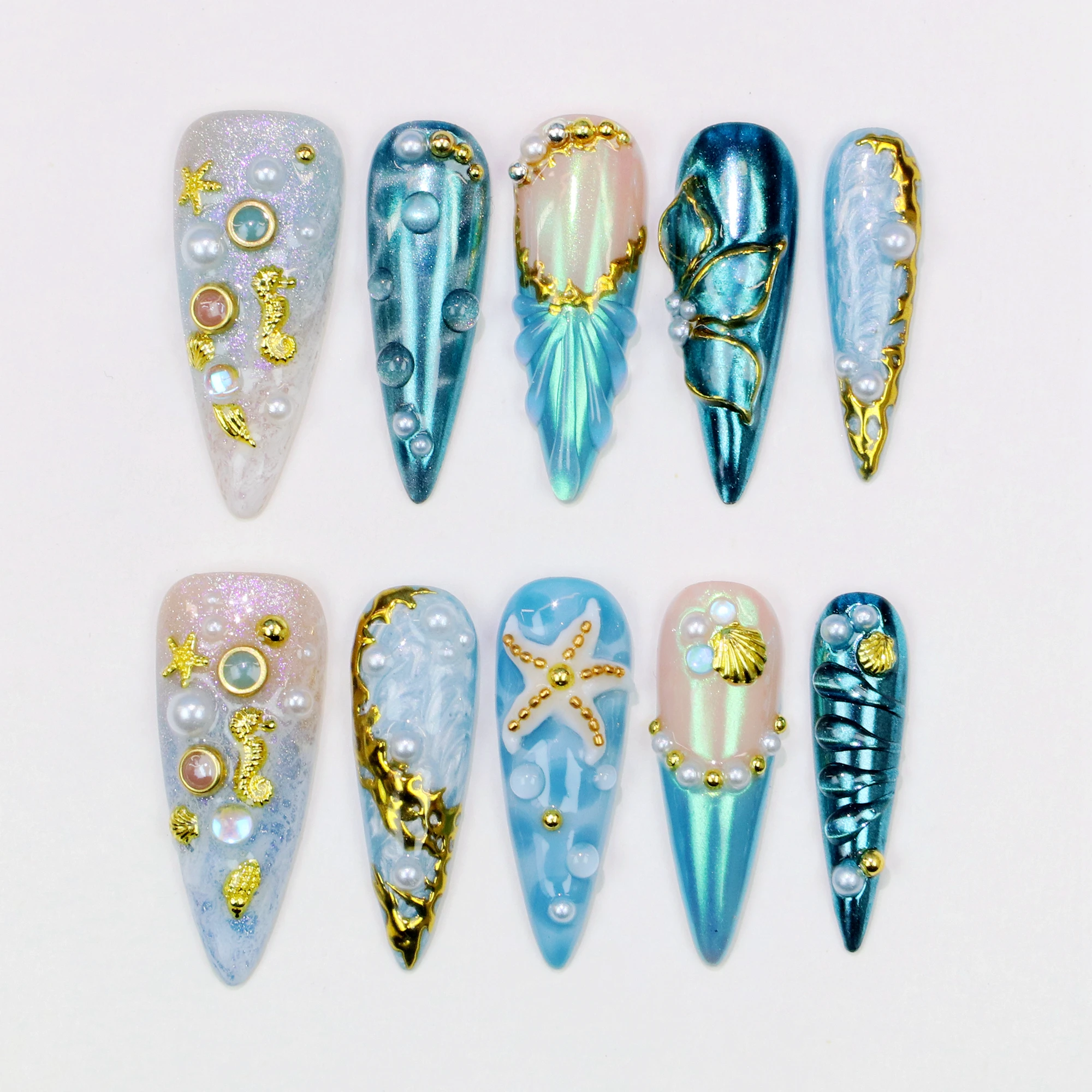 10 قطعة ثلاثية الأبعاد موضوع المحيط الطبيعي طويل خنجر اضغط على الأظافر ، الصيف مع نجم البحر زهرة الشاطئ محارة مخصصة اليدوية وهمية مسمار الفن