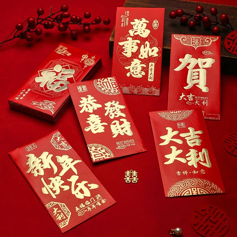 6 Stück/Set Rote Umschläge Chinesisches Neujahrsgeschenk Hartpapier Heißprägung Schlangenjahr Frühlingsfest Weihnachten Hochzeit Glücksbringende Rote Tasche