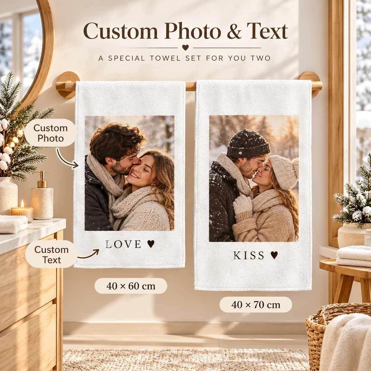 Custom Towels Set 2 Pcs Microfiber Skin Friendly Absorbent Towel Personalized Print Pattern Text Elegant Design Gift for Daily
