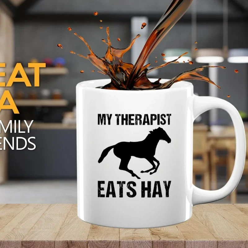 Horse Lover Coffee Mug White My Therapist Eats Hay Equestrian Horseman Horsewoman Rider Jockey Hobby Animal Lover Horsey cup Mug