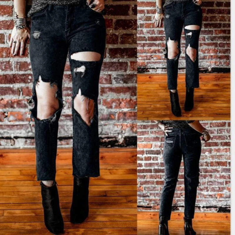 

Женские джинсы скинни Extra Destroyed 2025 года | Черно-серые эластичные брюки с высокой талией | Летние брюки-карандаш с граффити до щиколотки, подтяжка живота