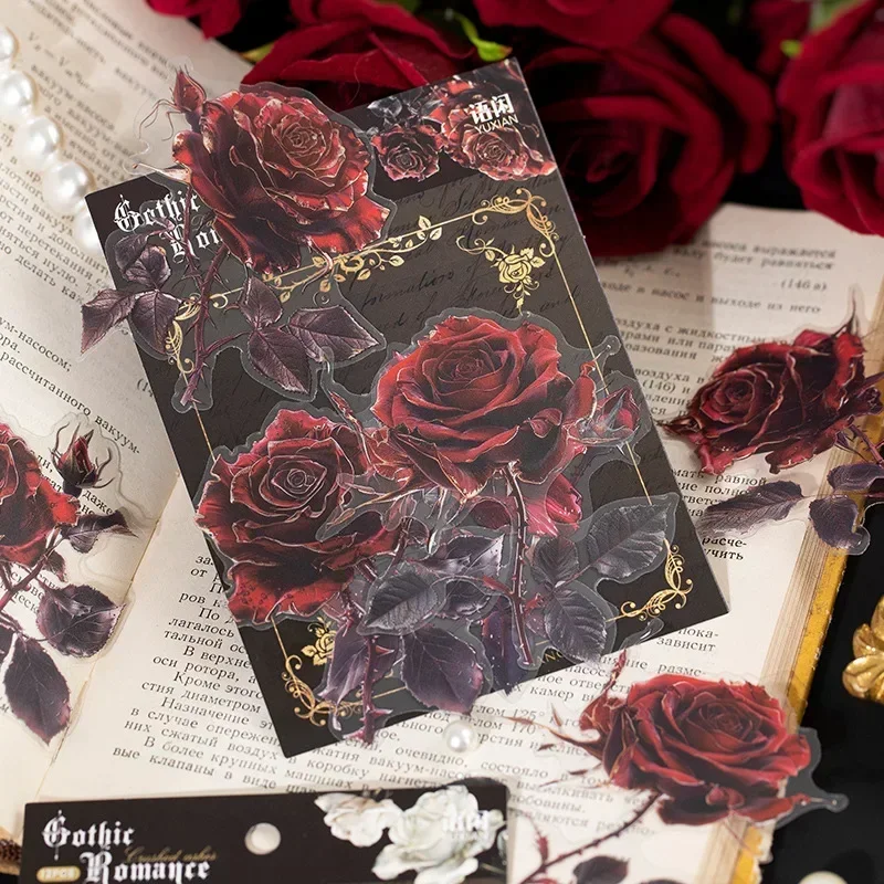 12 Stück PET-Aufkleber Gothic Romance Rose Notizbuch Romantische Zubehörpackung Dekorative Scrapbooking-Aufkleber 137*107mm