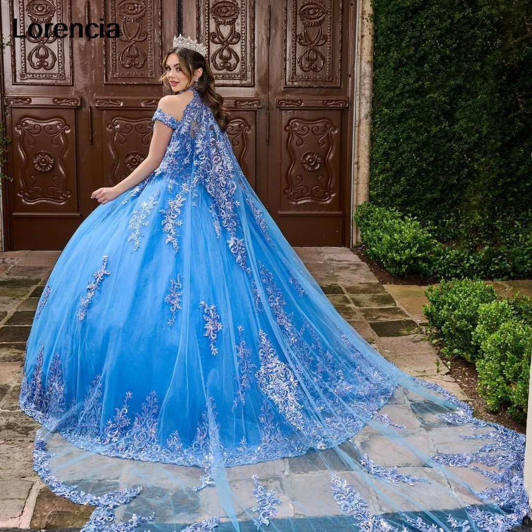 

Customized Glitter Blue Quinceanera Dress Ball Gown Lace Applique Beaded With Cape Mexican Sweet 16 Vestidos De 15 Años YQD827