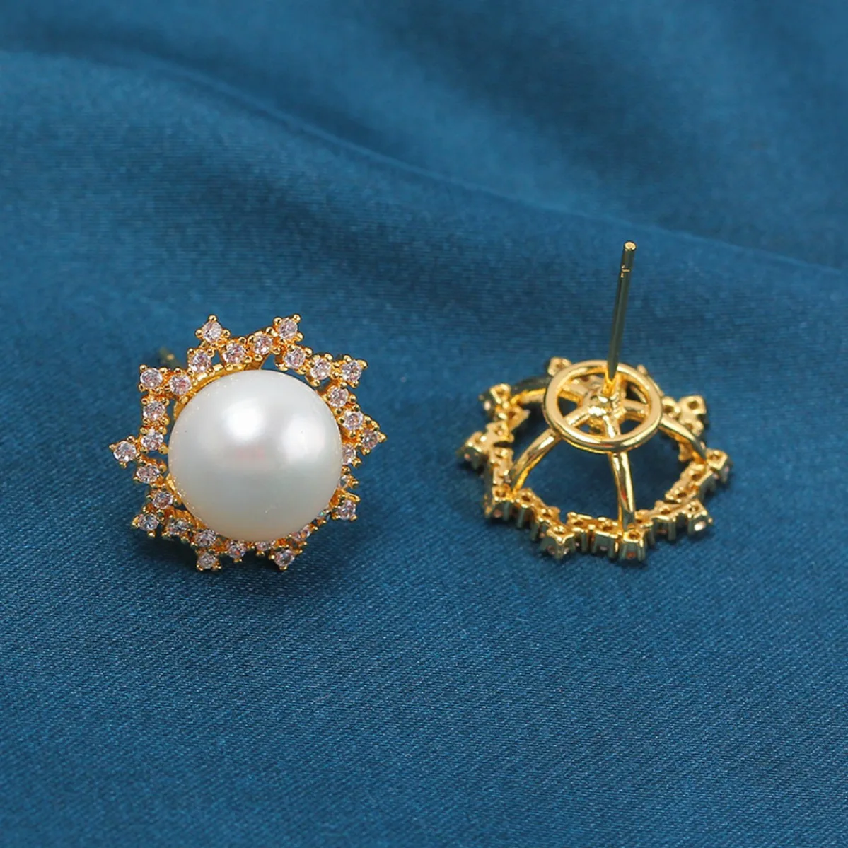 Women Brass 18K Gold Plated Sunflower‑Shaped CZ Blank Setting Handmade Findings For DIY Pearl S925 Silver Needle Stud Earring