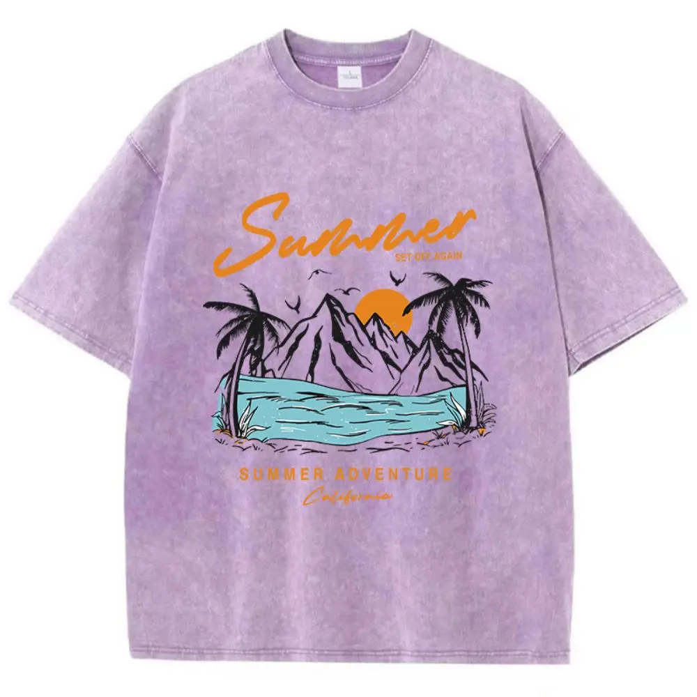 Fashion Women'S Cotton Washed T-Shirts Summer Adventure Sunset Printing Tops Oversize O-Neck Soft Short Sleeve Female Clothes