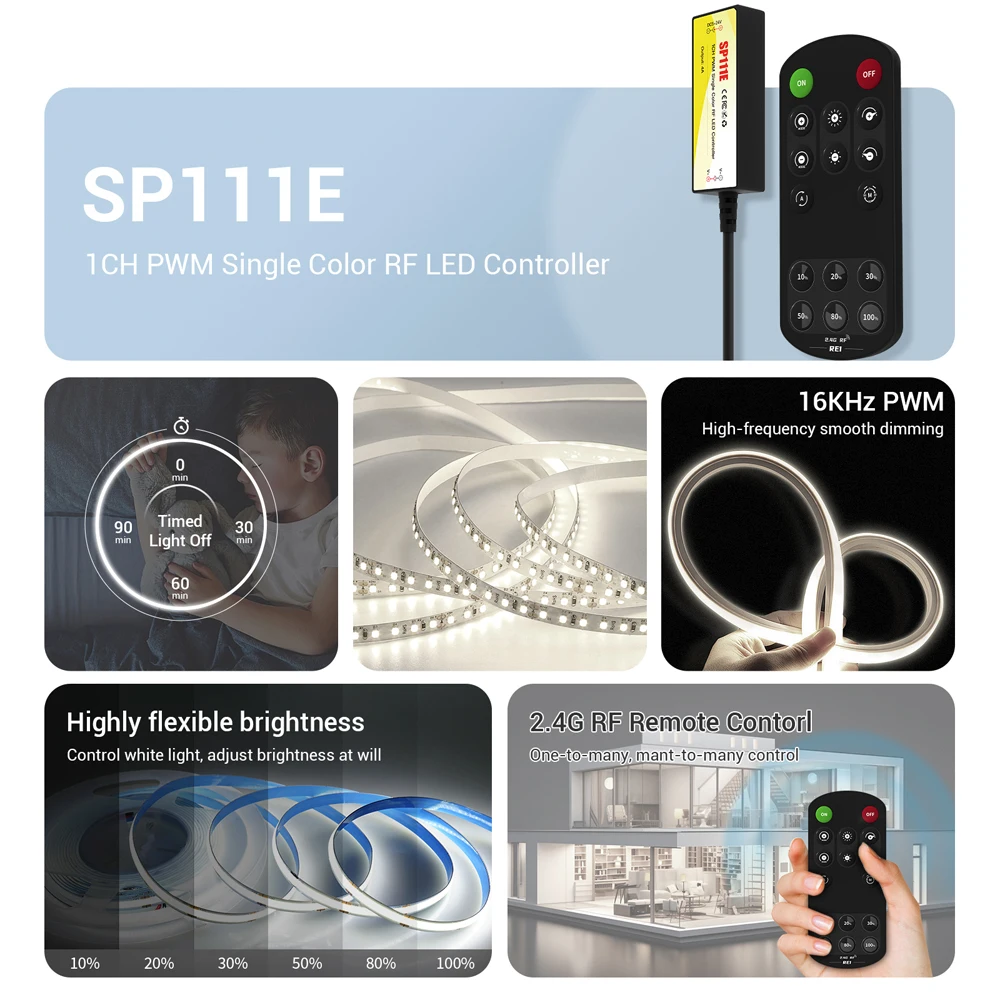 

SP111E 1CH PWM LED Controller 16KHz Dimming 2.4G Remote 30M DC5V24V 4A White Dynamic Effects Timer Memory Wireless for LED Light