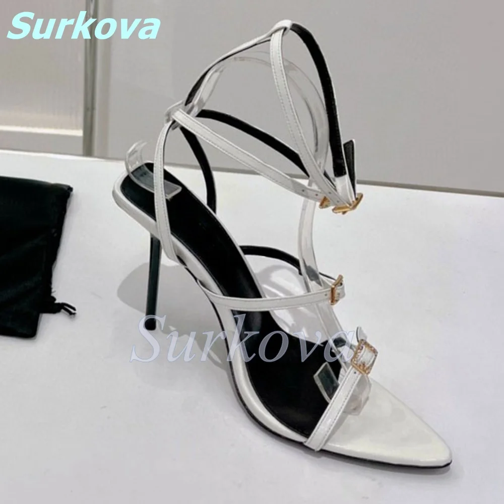 Luxury Women Shoes Three Layer Buckle 10.5CM Thin High Heels Sandals Newest Fashion Sexy High Quality Summer Shoes Black/White