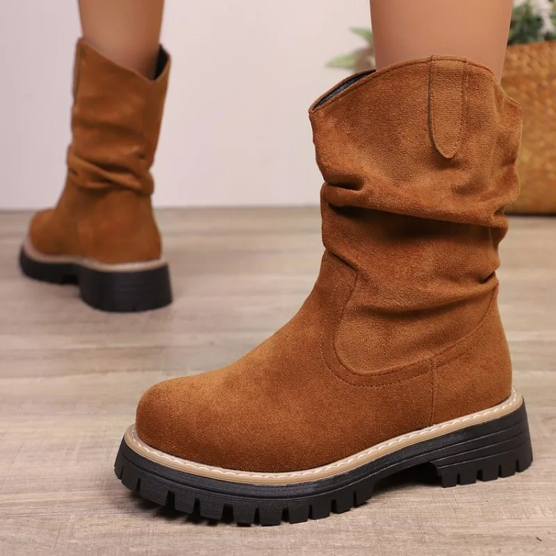 Ruched Western Boots Women Cow Suede Leather  Decoration Round Toe Solid Color Autumn Winter Shoes Handmade