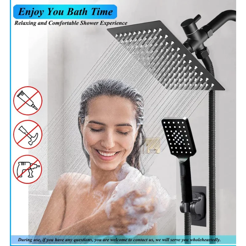 

8/10 Inch Bathroom Shower Faucet Black Rain Shower System Stainless Steel Square Top Spray Set High Pressure Shower Set Mixer