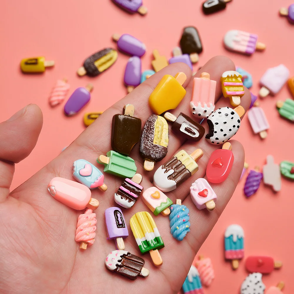 50pcs Mini Ice Cream Popsicle Flat Back Resin Nail DIY Accessories Mixed Cartoon Nail Decoration Random Color Style Nail Jewelry