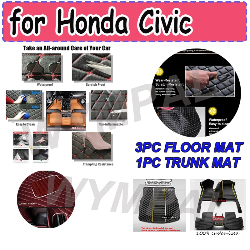 

LUXURY Car Floor Mats For Honda Civic 2022 2023 2024 Carpets Styling Protect Accessories Rugs Foot Pad Auto Parts