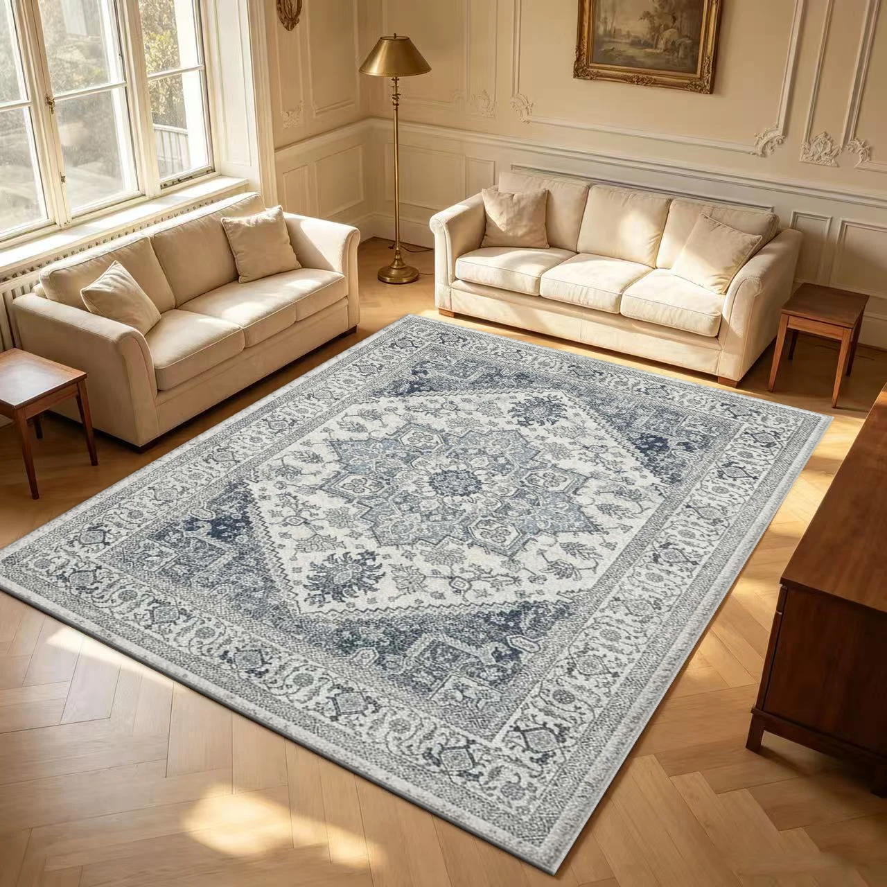 Vintage Distressed Blue Ivory Oriental Area Rug Classic Medallion Floral Border Floor Carpet for Living Room Bedroom Home Decor