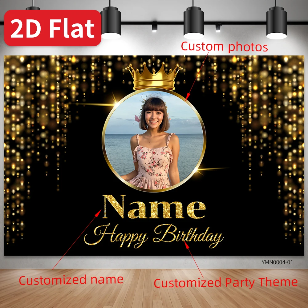 Custom photo name Backdrop Golden Crown Sparkle Tassel Black Gold Backdrop Birthday Wedding Anniversary Photography Party Decor
