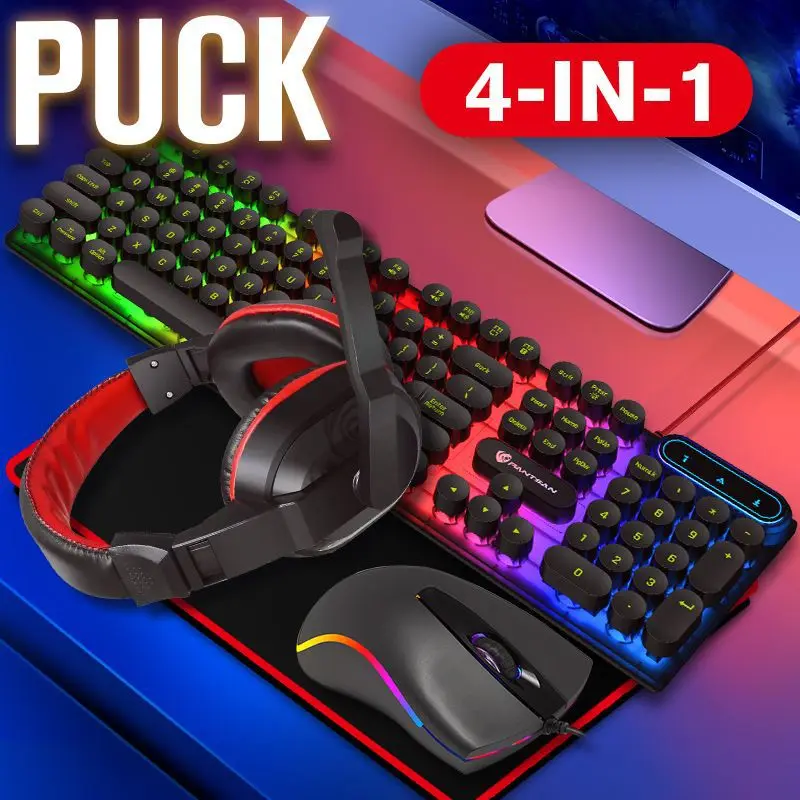 

4 in 1 punk round hat keyboard mouse earphones keyboard four piece set game lighting office Game Home Use