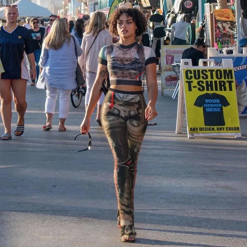 

Aesthetic Print Mesh 2 Piece Set Women Sexy O-neck Short Sleeve Tees Crop Tops + Slim Flare Pants Casual Streetwear Suits