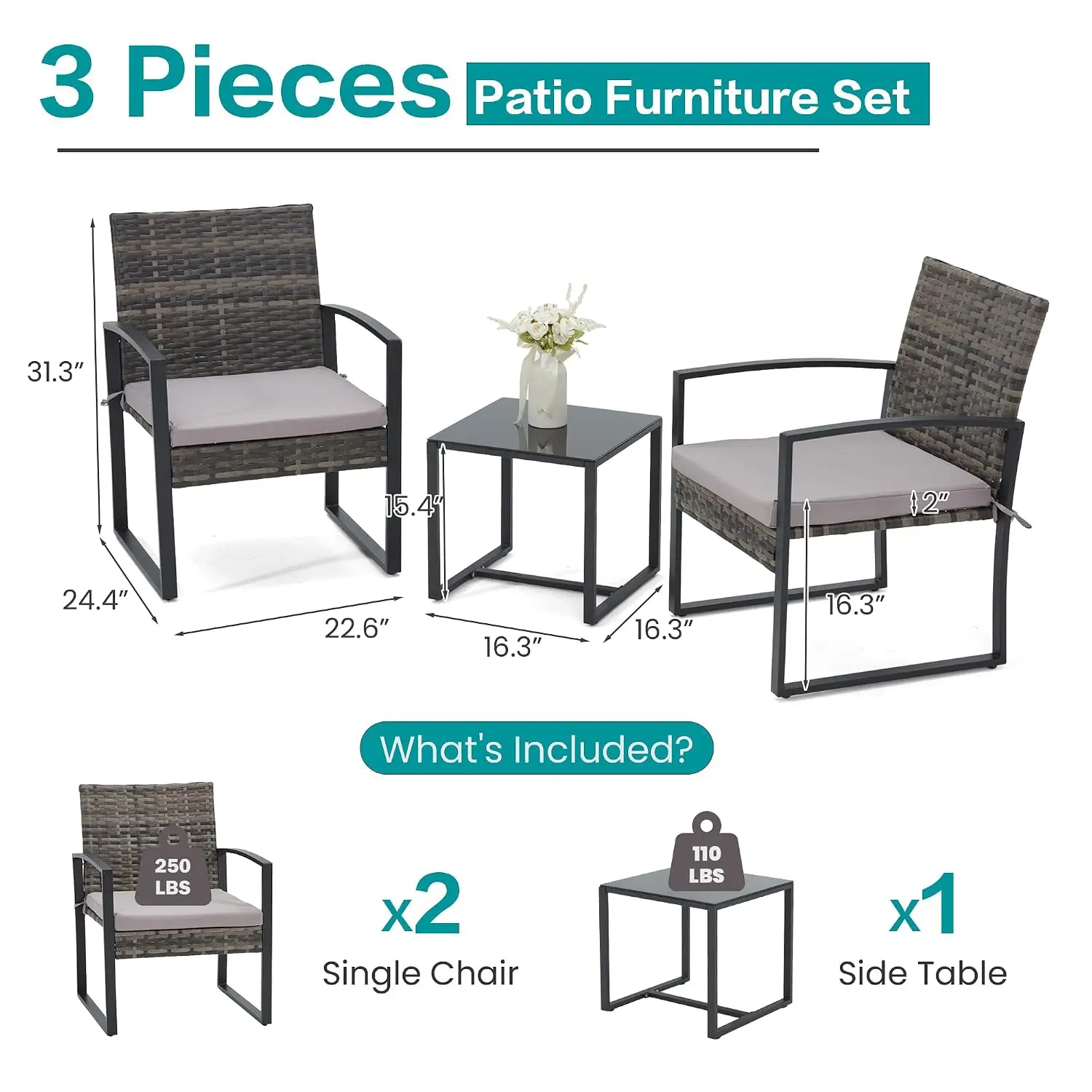 3-Piece Wicker Patio Bistro Set, Straight Arm Chairs & Glass Table, Outdoor Furniture for Backyard Porch Balcony, Customized
