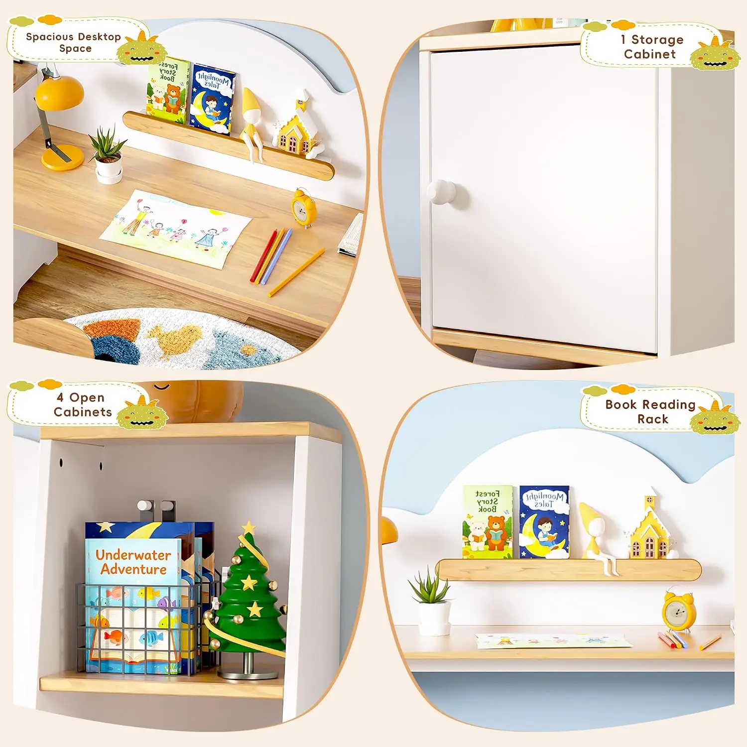Kids Study Desk & Chair Set with Storage Bookshelves 2 Stools, Student Children Table for Bedroom, Ages 3-8, Customized view 5