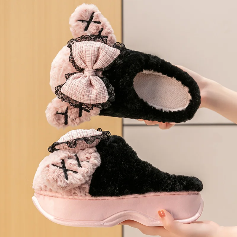 New 6 cm height increase winter slippers women's platform fur mules shoes home slides ladies gothic bowknot pink fluffy slippers