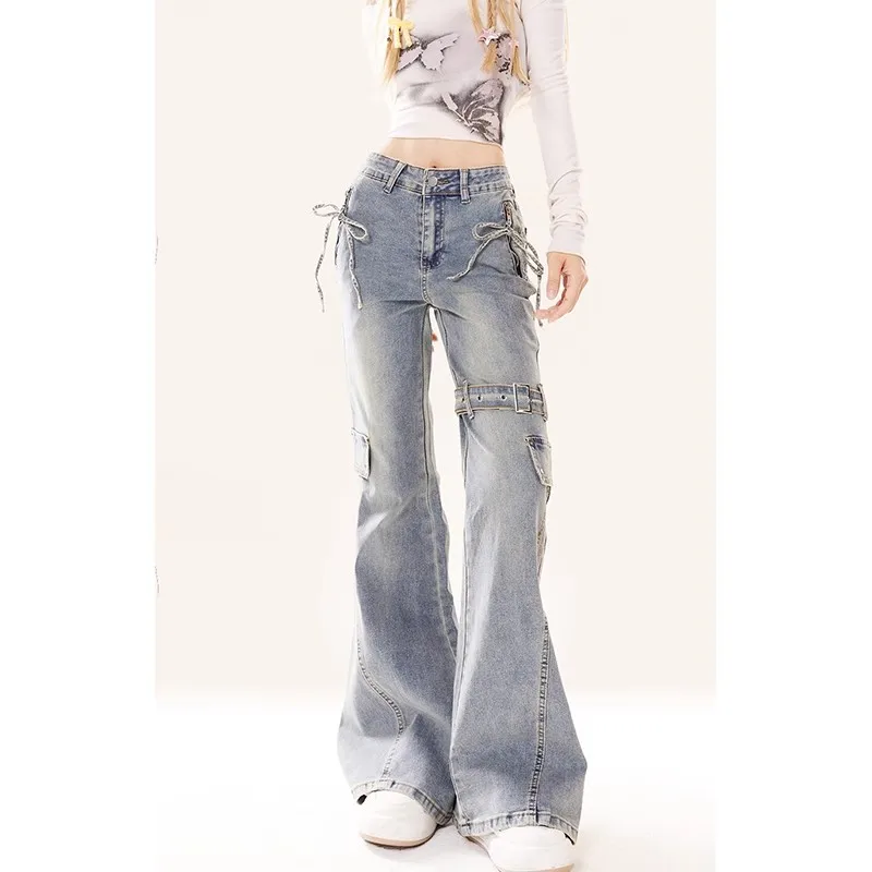 Jesienne niebieskie dżinsy damskie z wysokim stanem Baggy Casual Vintage Y2K Design Sense Straight Pants Street American Wide Leg Denim Trouser