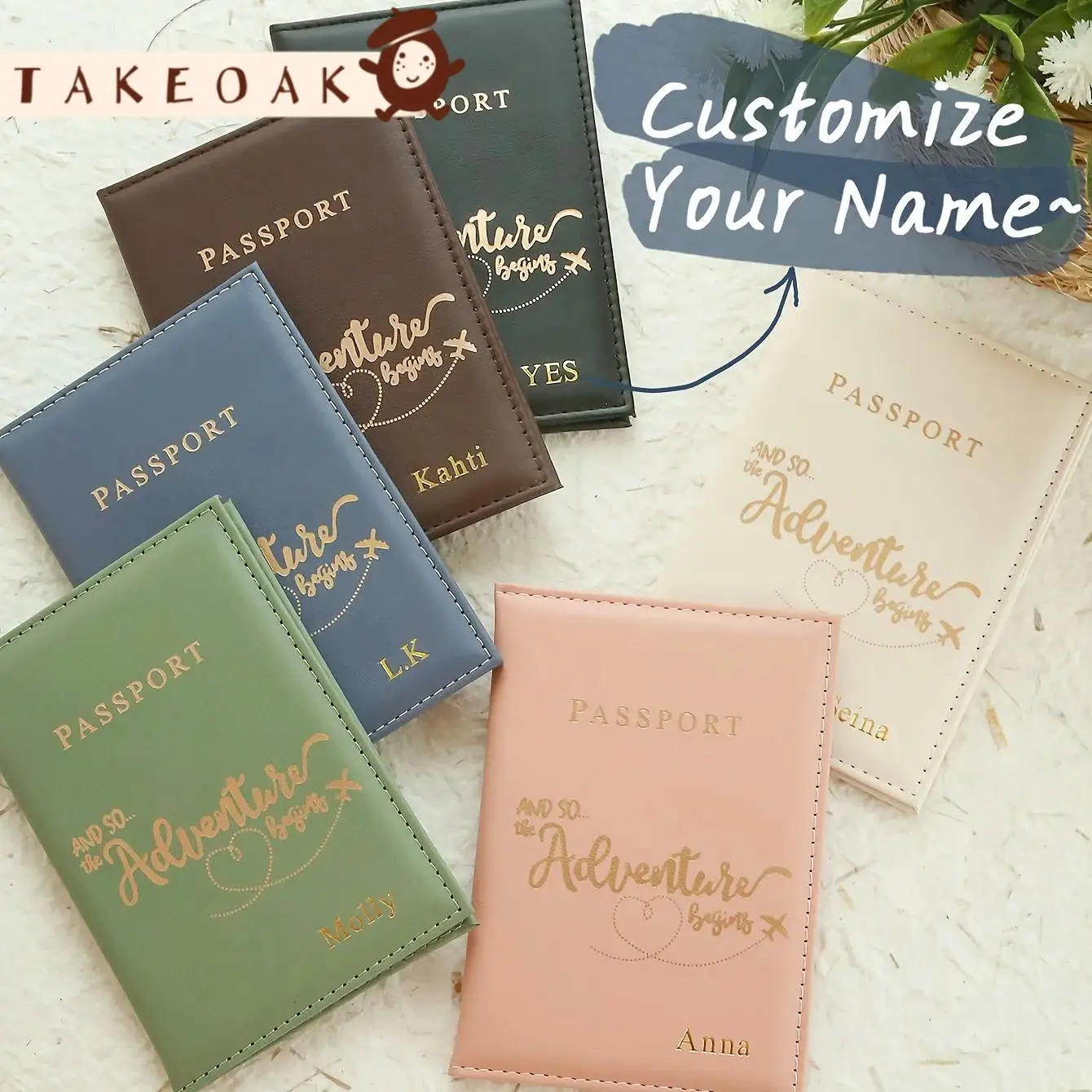 Personalized Gold Hot Stamped Name Adventure Quote Leather Passport Holder Solid Matte Travel Passport Wallet Custom Gift