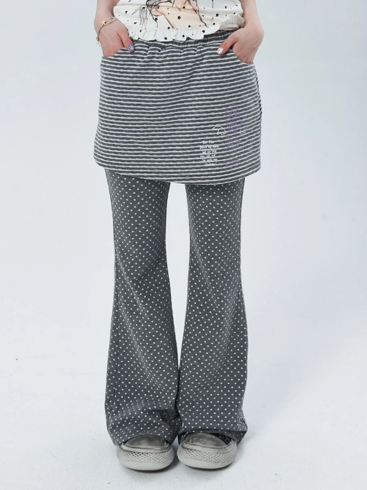 

Deeptown Gray Vintage Polka Dot Women Flared Pants Y2k Striped Korean Fashion Fake Two-Piece Skirt Pants Baggy Preppy Sweet